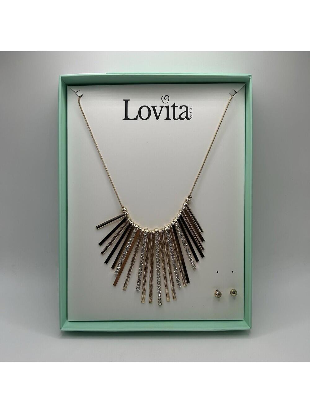 Lovita & Co. Yellow  Gold Color Statement Necklace w/ Gems & Round Earring Set